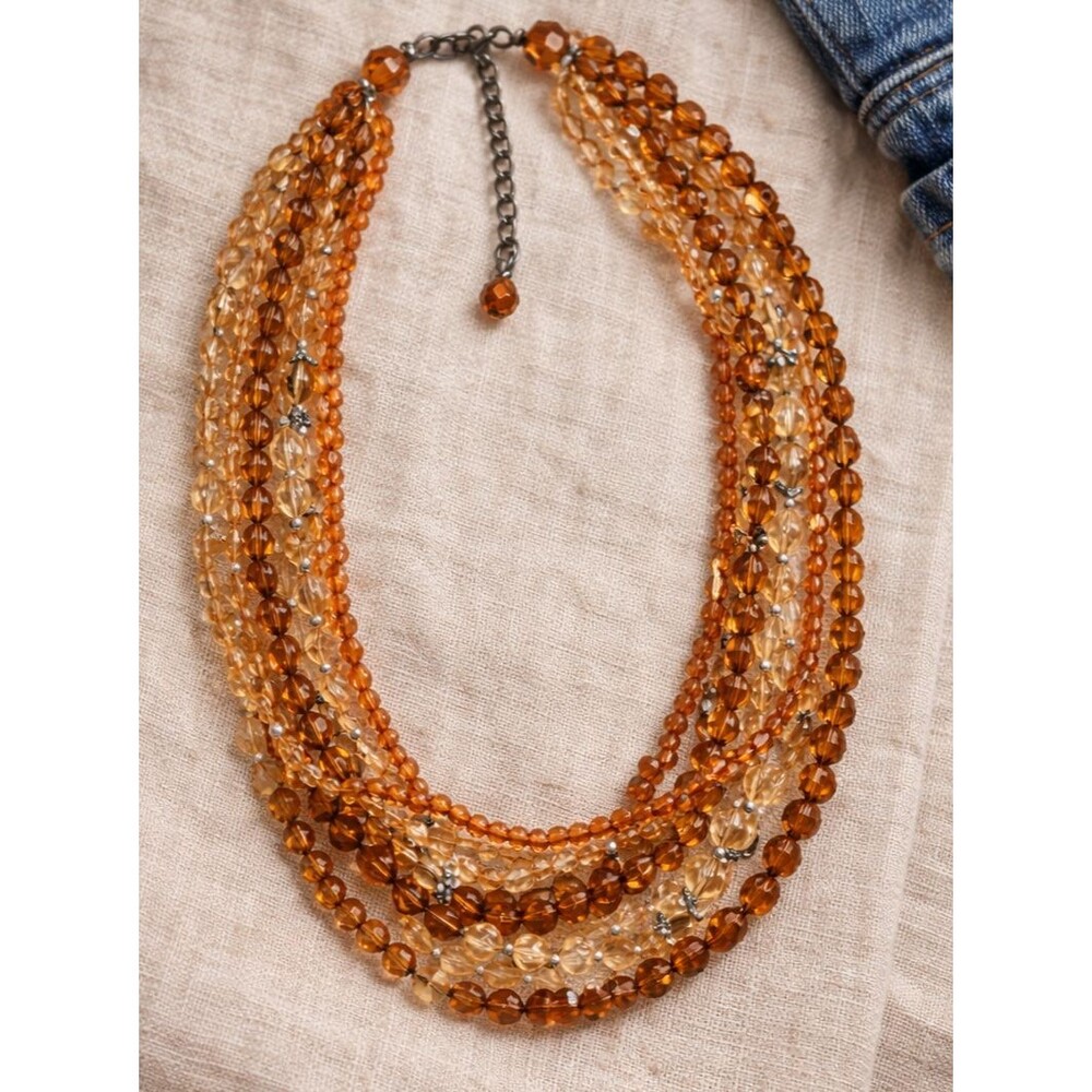 Vintage 1970s Amber Faceted Bead Multi Strand Statement Necklace Bib Boho Chunky
